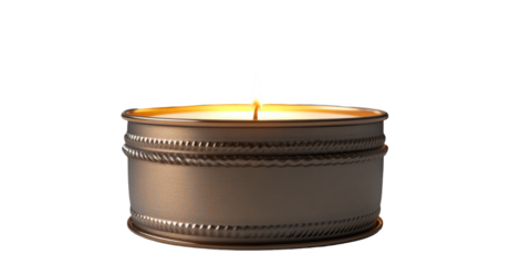 A lit candle in a metallic, decorative container