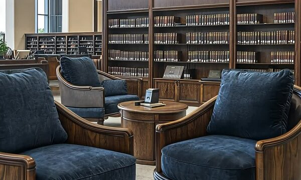 Library Reading Nook with Dark Wood Furniture