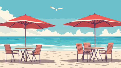 Fototapeta premium Serene Ocean View Cafe with Open Umbrellas, Relaxing Coastal Scene for Design Projects