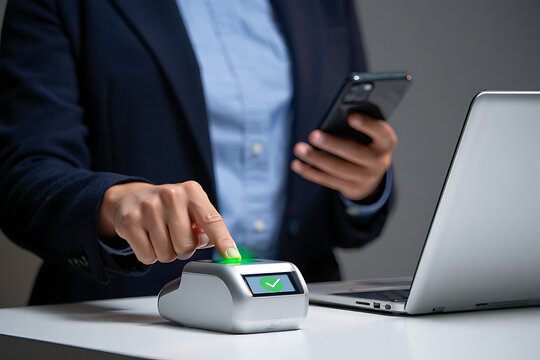 Businesswoman using biometric fingerprint scanner, secure digital authentication, modern technology.