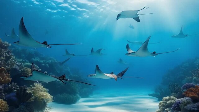 School of graceful stingrays gliding through vibrant coral reef underwater scene