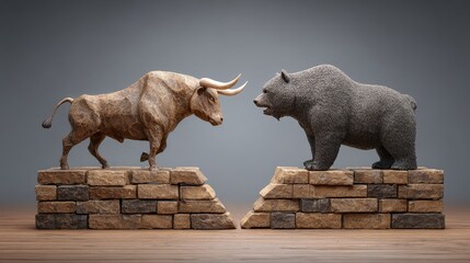 Crumbling stone statues of bull and bear a symbol of financial crisis in america's stock trading market