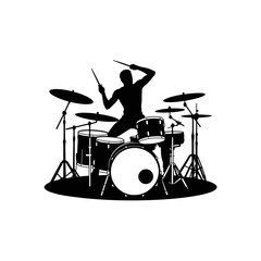 Fototapeta premium Rhythmic Silhouette: A captivating monochrome silhouette of a drummer intensely focused, immersed in a dynamic performance. The image highlights the artistry of musical expression.