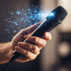 A microphone in a human hand with glowing sparkles. Hand Holding Microphone with Sparkling Effect in Neon Light.
