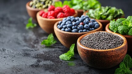 Vibrant superfoods are displayed in wooden bowls, featuring berries, seeds, and greens scene emphasizes their rich colors and health boosting properties, appealing health enthusiasts