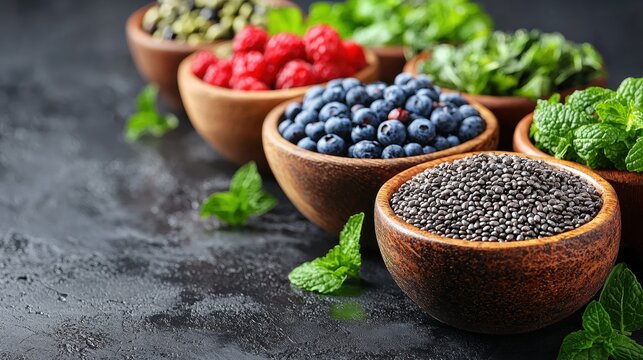 Vibrant superfoods are displayed in wooden bowls, featuring berries, seeds, and greens scene emphasizes their rich colors and health boosting properties, appealing health enthusiasts