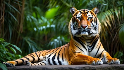 Majestic bengal tiger resting on a rock in a lush green jungle habitat