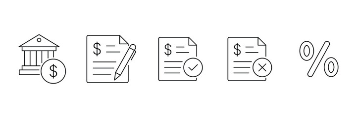 Loan and financing approval document interest bank money payment agreement line icon vector illustration for business banking financial services design.