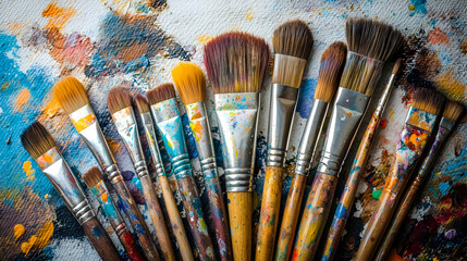 Obraz premium Assortment of paintbrushes on a paint palette.