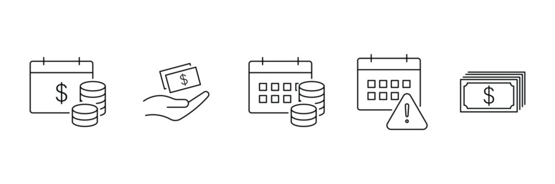 Monthly installment schedule finance payment alert currency and cash icon set in outline style vector illustration design.
