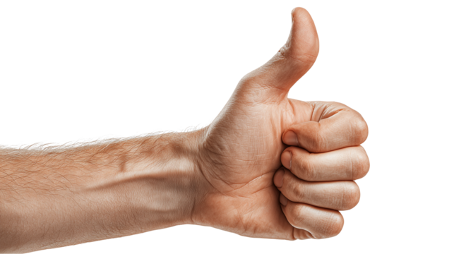 A human hand giving a thumbs up, which fits perfectly into client review, customer satisfaction and rating based designs, on a transparent background.