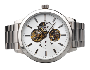 Skeleton Dial Luxury Watch at 45-Degree Angle, Visible Gears and Details, Transparent PNG