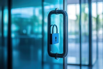 Glass door with metal handle and closed blue padlock in modern office interior with blurred background Copy space