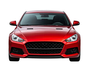Red Sports Car Front View with Headlights On, Clean Studio Lighting, Transparent Background