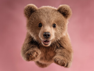 Obraz premium Joyful Cub in Flight: A charming close-up shot showcases a playful baby brown bear cub with its adorable, fluffy fur. With its eyes wide with happiness, the cute cub seems to be floating.