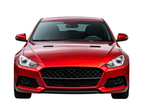 Red Sports Car Front View with Headlights On, Clean Studio Lighting, Transparent Background