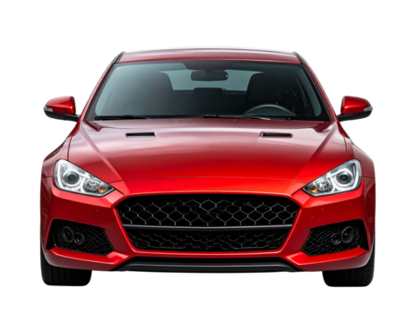 Red Sports Car Front View with Headlights On, Clean Studio Lighting, Transparent Background