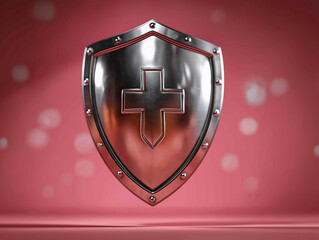 Fototapeta premium Protective Shield with Cross: A shiny silver shield, emblazoned with a prominent cross, symbolizes protection and resilience, set against a soft, subtly blurred background.