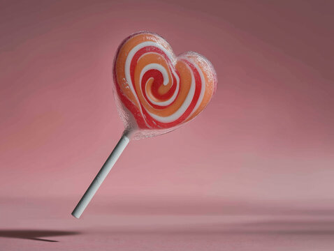 Sweetheart Swirl: A heart-shaped lollipop, radiating vibrant colors and sugary delight, levitates against a soft backdrop.