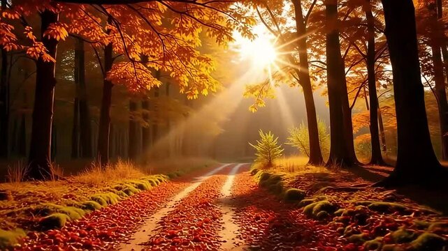 Autumn forest scenery nature background wallpaper fall foliage trees sunlight landscape path 10k on transparent background