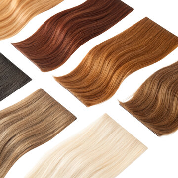 Hair extension samples in various shades and colors on a backdrop displaying texture and quality for salon and style services