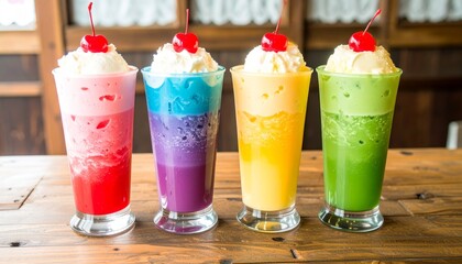 昭和レトロ喫茶のカラフルなクリームソーダ