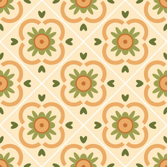 Repeating floral pattern in green and orange tones, suitable for tile designs, textiles, and decorative surfaces