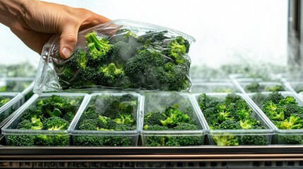 hand pours frozen broccoli from bag into hot pan, creating steam as it cooks visual portrays ease and speed of preparing healthy meal, highlighting convenience in cooking