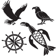 Fototapeta premium Stylized black silhouettes of two eagles a sea turtle and a ship s wheel on a white background