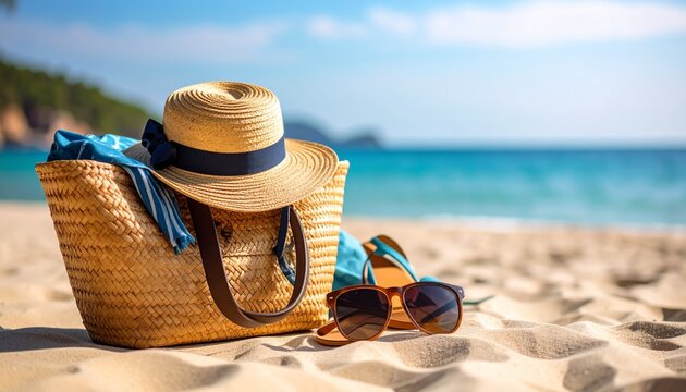 una selecci&oacute;n de accesorios de playa colocados sobre la arena.