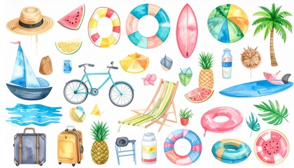 ilustraci&oacute;n, collage de &iacute;conos y objetos relacionados con el verano, la playa y las vacaciones, presentados sobre un fondo blanco. Los objetos est&aacute;n dibujados en un estilo plano y colorido.