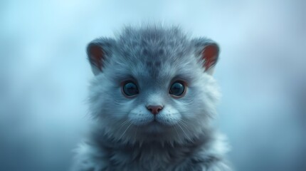 A cute and fluffy grey kitten with large, soulful eyes looks directly at the viewer, set against a soft, blurred light blue background