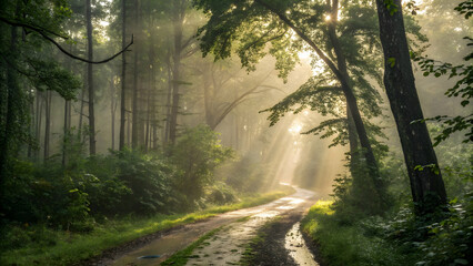 Fototapeta premium Sunbeams illuminate a winding dirt road through a serene forest in the morning light, creating a peaceful outdoor scene.