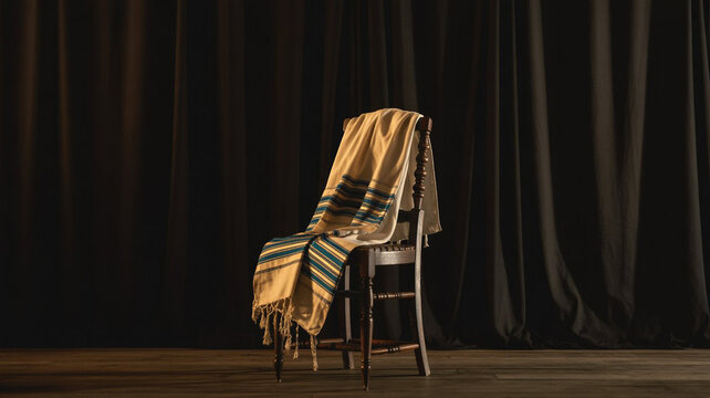 A tallis, a jewish prayer shawl with blue stripes and fringes, is draped over a wooden chair against a dark curtain backdrop, evoking a sense of tradition and spirituality