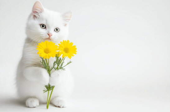 Gato branco fofo segurando flores amarelas em um fundo branco. Cart&atilde;o postal - parab&eacute;ns pelo Dia das M&atilde;es e Dia dos Namorados
