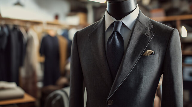 Terno sob medida de alta qualidade, feito sob medida por designer em manequim. Alfaiate afro-americano trabalhando em oficina de luxo de alfaiataria sob medida.