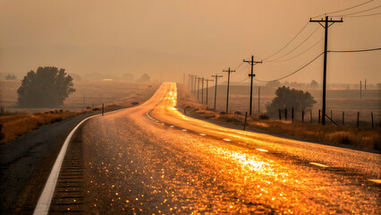 Golden hour light gleams on a rural road winding through a misty landscape near power lines and grassy fields.