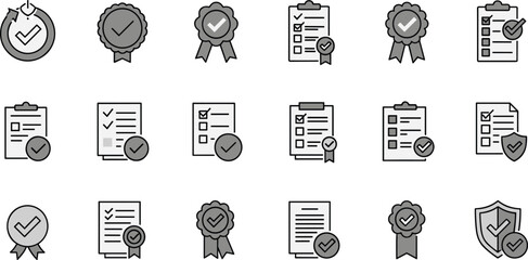 Checkmark, approval icon set. Vector glyph pictograms of validation, certification, confirmation concept, checklists, documents, awards, and security verification black silhouette