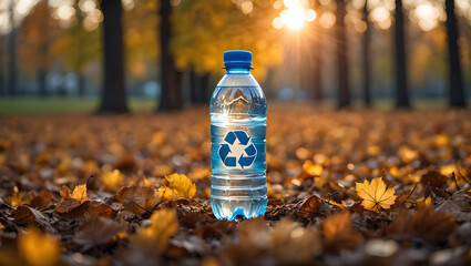Photo of a plastic water bottle with recycle symbol sits among autumn leaves