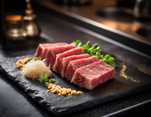 Wagyu beef tataki – Lightly Seared Japanese Beef with Garlic Chips and Ponzu on Slate Plate.