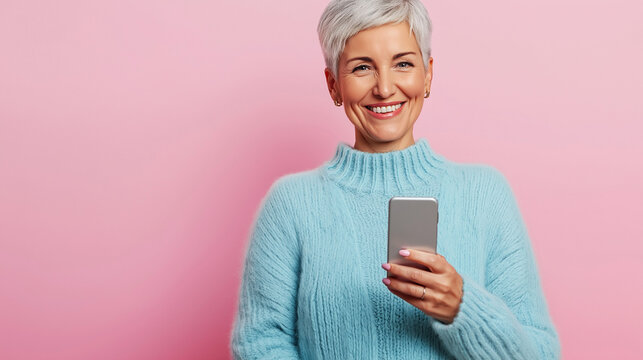 uma mulher mais velha feliz com cabelo curto vestindo um su&eacute;ter azul claro e segurando um telefone celular em um fundo rosa
