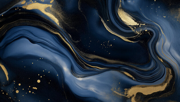 Textura de fundo abstrata em azul, preto e dourado no formato de uma onda do mar. M&aacute;rmore azul-escuro com luxuosos redemoinhos de m&aacute;rmore natural e p&oacute; dourado. P&ocirc;ster abstrato em tons de azul, dourado