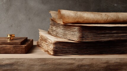 Stack of Old Papers and Wooden Items on Shelf
