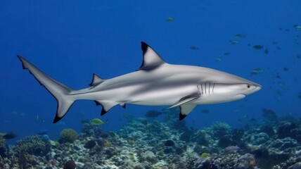 Blacktip reef shark swimming gracefully in the clear tropical ocean water