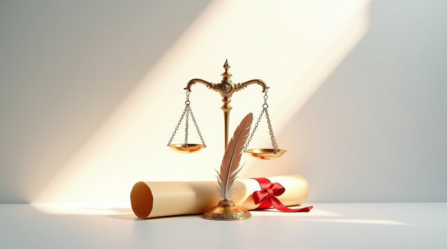 Scales of justice, a feather pen, and a diploma tied with a red ribbon isolated on white background represent law and education