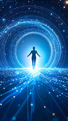 Individual in Intricate Digital Portal: Cosmic Tunnel or Vortex of Light and Digital Elements with Starry Space Backdrop