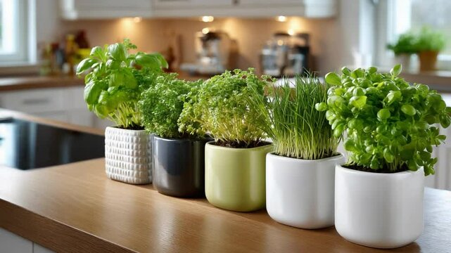 Kitchen Garden Delights: A captivating kitchen scene showcasing a diverse collection of potted herbs arranged in a row on a wooden countertop.