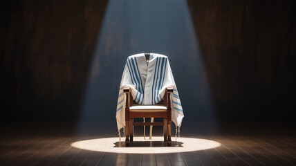 A tallis draped over a chair, illuminated by a spotlight, evokes a sense of reverence and anticipation for prayer and spiritual connection