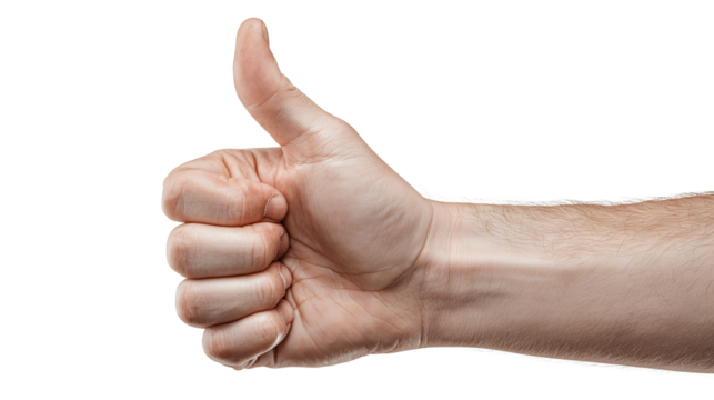 Image of an expressive thumbs up gesture that conveys appreciation, trust, and a successful decision on a transparent background suitable for digital media