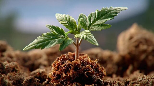 Growth's Gentle Embrace: A vibrant seedling emerges from the earth, symbolizing new beginnings, hope, and the tender touch of nature's artistry. 